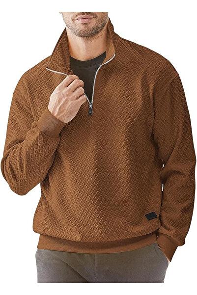 OEM Men's Casual Long Sleeve Pullover Sweater Brown with 1/4 Zipper S