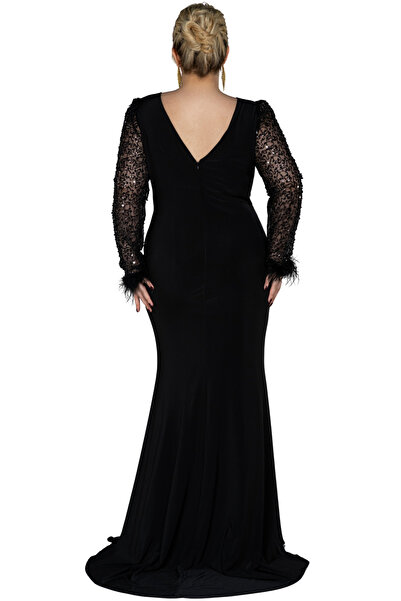 Arden Plus Size Long Evening Dress, Double-Breasted V-Neck, Long Sleeve with Sequined Otriche, Slit , Wedding Fish Evening Dress,46-56