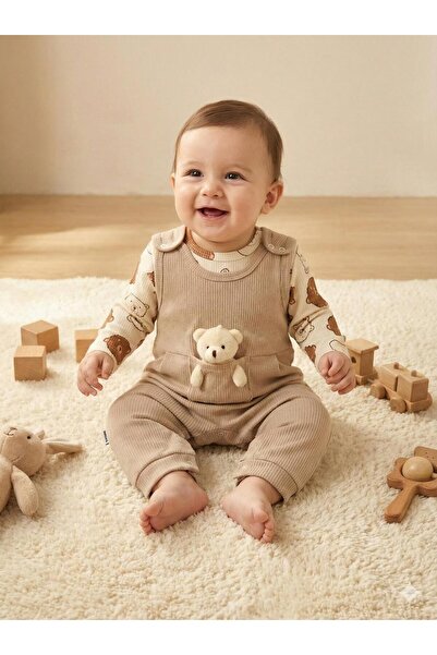 MUBA KIDS %100 Pamuk Ayıcık Oyuncaklı Bej Renk Salopet Tulum Seti - İç Çıtçıt...