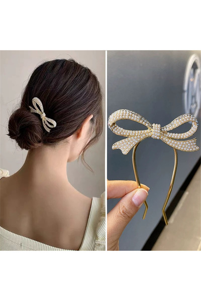 Pelin Aksesuar Gold-Colored Pearl Bow Bun Hairpin