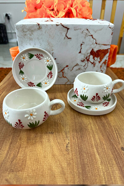 Janset Kütahya Handmade Country Garden Themed Mug with 2 Plates