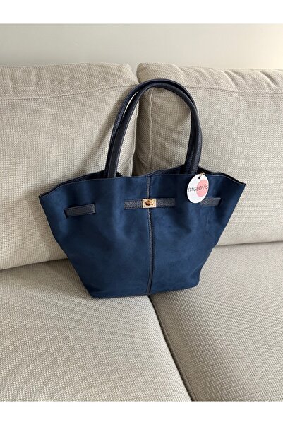 BAGLOVİS Navy Blue Suede Women's Shoulder Bag with Lock Detail on the Front En40 Boy25
