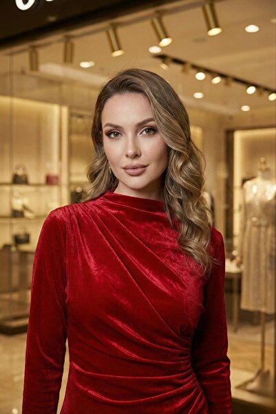 Mossta Red Draped Velvet Midi Dress