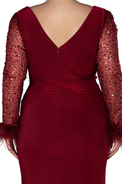 Arden Plus Size Long Evening Dress, Double-Breasted V-Neck, Long Sleeve with Sequined Otriche, Slit , Wedding Fish Evening Dress,46-56