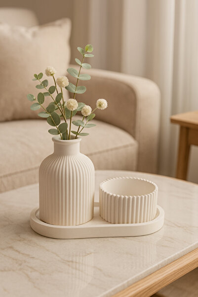 Home 3’lü Dekoratif Taş Tozu Seti – Modern Çizgili Vazo, Ribbed Kase ve Oval ...