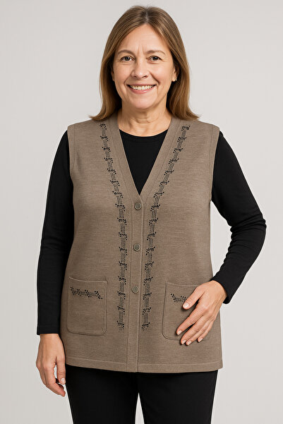 Mutlu City Γυναικείο πλεκτό γιλέκο με κεντημένη πέτρα, στενό ύφανση, για μεσήλικες και ηλικιωμένες 1195