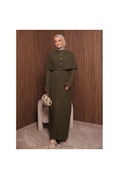 MAMAYAGA Γυναικείο μακρυμάνικο σχέδιο με κολάρο σάλι, κατάλληλο για χιτζάμπ, με λεπτομέρεια με κουμπιά παντσό, πλεκτό, κομψό μάξι μακρύ φόρεμα