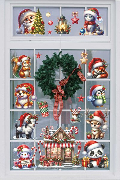 Sticker Ekspres Cheerful Christmas New Year Glass Wall Door Sticker Set Santa Claus Snowman