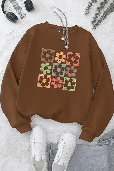 PALPİTO Дамска кафява блуза с квадратен принт с маргаритки и велосипедна яка