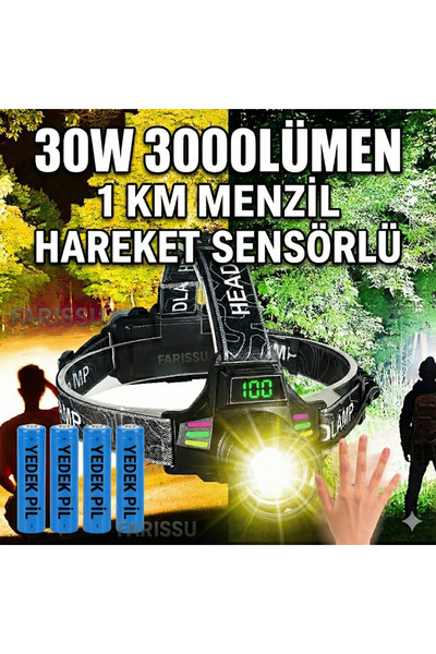 farissu Yedek Pilli 30W Sensörlü Kafa Lambası - Dijital Şarj Göstergeli, 3000 Lümen, Type-C Şarjlı