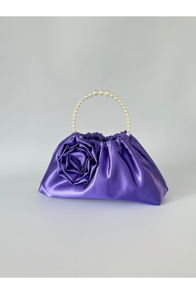 posst bag Geantă de mână pentru rochie de seară din satin mov cu trandafiri și perle