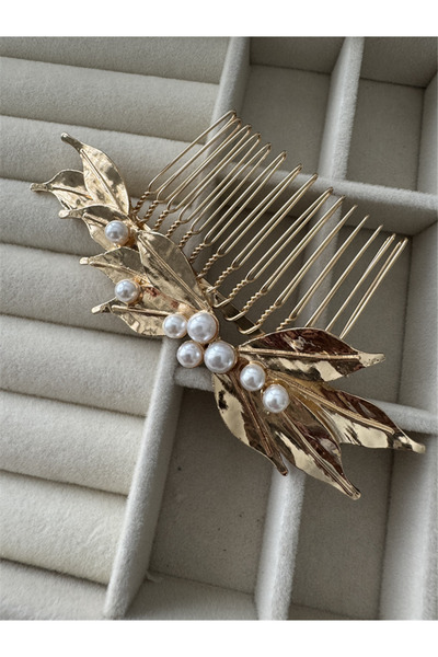 Pelin Aksesuar Gold-Colored Leaf and Pearl Detailed Comb Hairpin
