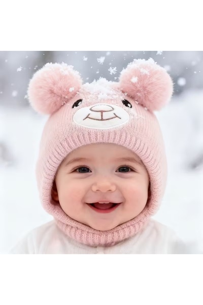 GlassySKY (6 Ay-2 Yaş) Ayı Kulaklı Kışlık Örgü Kız/Erkek Çocuk Bere Şapka
