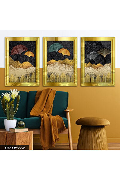 Evinemoda Tablou cu frunze colorate din plexiglas auriu, 3 piese