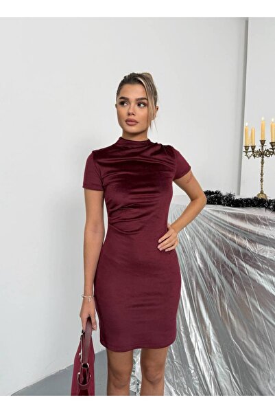 ByMisa Store Ruched Detail Burgundy Suede Mini Dress