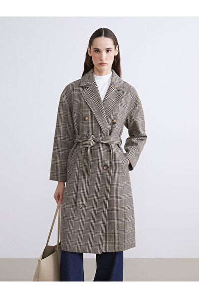 LC Waikiki Double-Breasted Women's Cashmere Coat with Collar Pattern