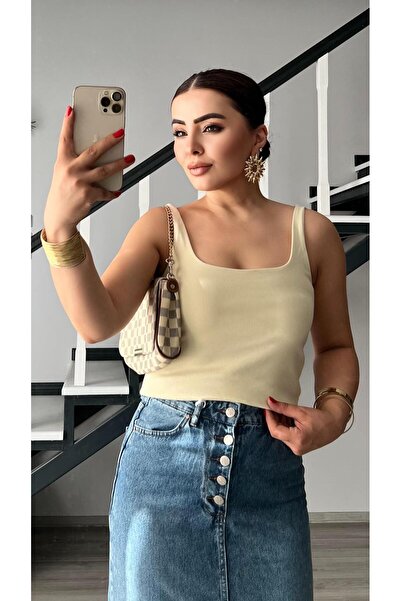 Oslove Butter yellow square neck Corded Fabric strap tank top