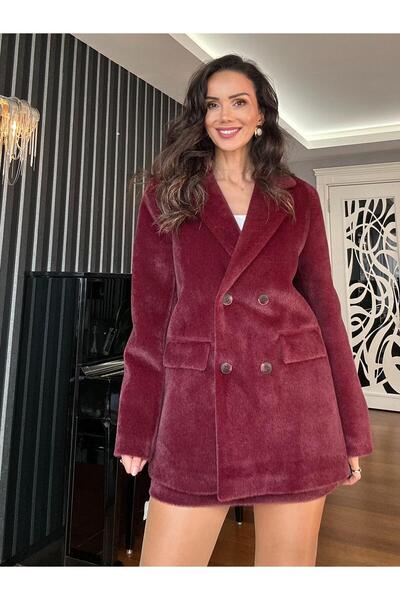 Atelier Derin Burgundy Feathered Cashmere Oversized Jacket
