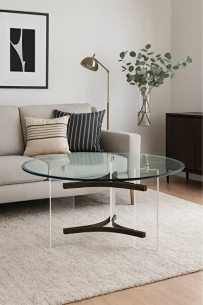 HOMEZ NEED Round Glass Coffee Table with Acrylic Base and Stainless Steel – Modern Light