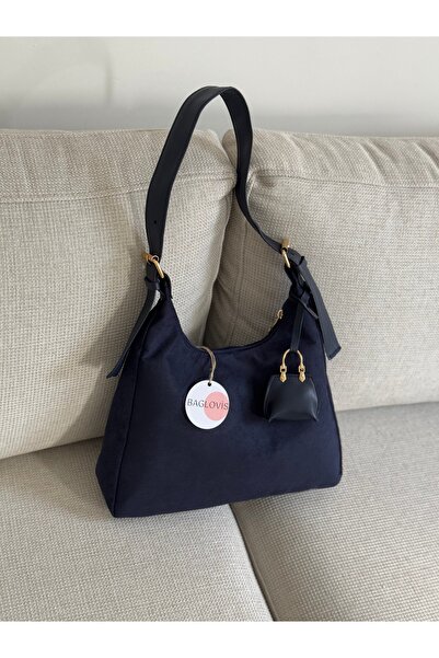 BAGLOVİS Suede Dark Blue Women's Shoulder Bag with Hooks, Buckle Details and Small Wallet En34 Boy22