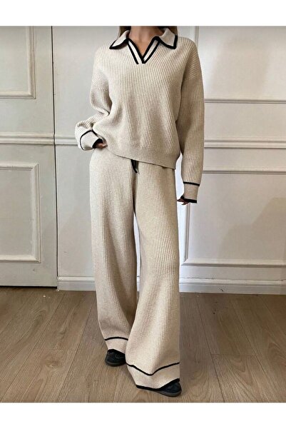 peri tower New Season V-Neck Black Stripe Bottom-Top Knitwear Set 0056