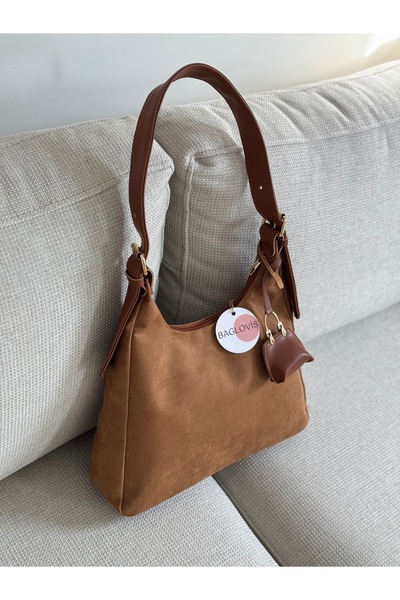 BAGLOVİS Suede Taban Women's Shoulder Bag with Hook and Clasp Detail and Small Wallet En34 Boy22