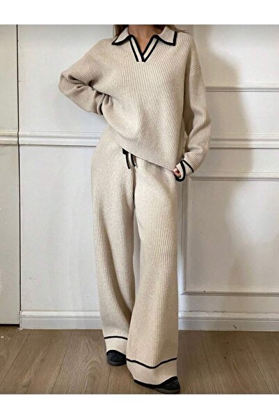 peri tower New Season V-Neck Black Stripe Bottom-Top Knitwear Set 0056