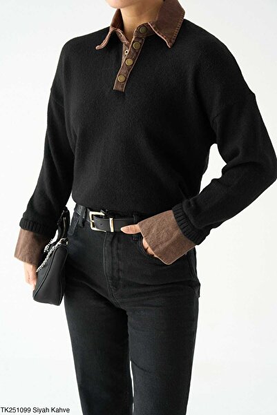 LİNDALİNA TEKSTİL Women's Regular Half Zipper Collar and Sleeve Denim Detailed Knitwear Sweater