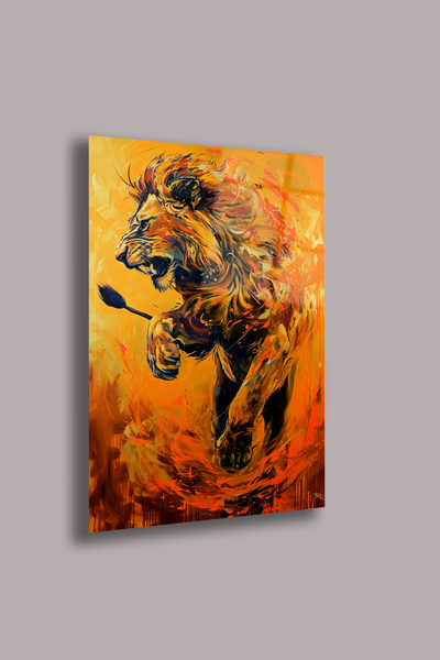 gxe.art Tablou din sticlă de 4 mm cu leu în flacără – Imprimare UV puternică,...