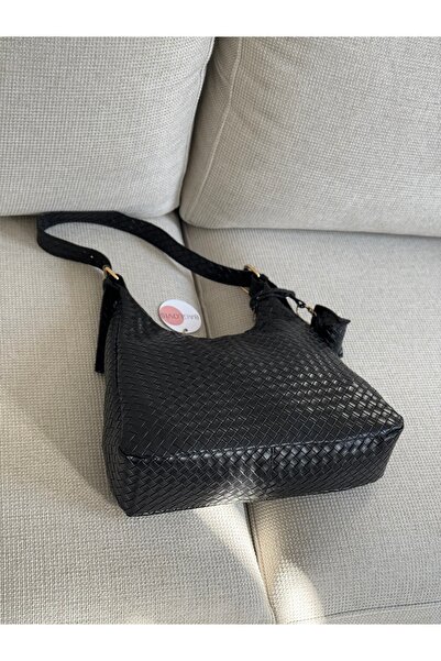 BAGLOVİS Black Knitted Women's Shoulder Bag with Hook and Clasp Detail and Small Wallet En34 Boy22