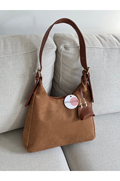 BAGLOVİS Suede Taban Women's Shoulder Bag with Hook and Clasp Detail and Small Wallet En34 Boy22