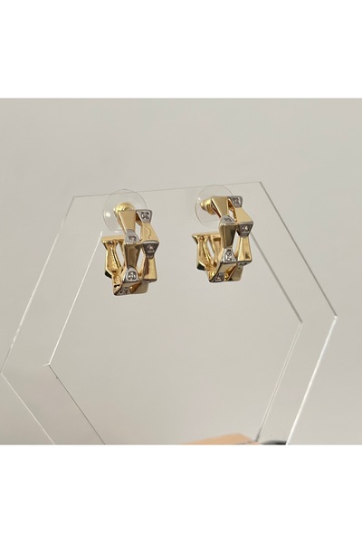 mibrillo Brand Equivalent Two-Tone Stone Detailed Hoop Earrings