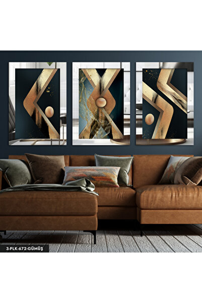 Evinemoda Zlatna kružna apstraktna umetnost, 3 dela, srebrna pleksiglas zrcal...