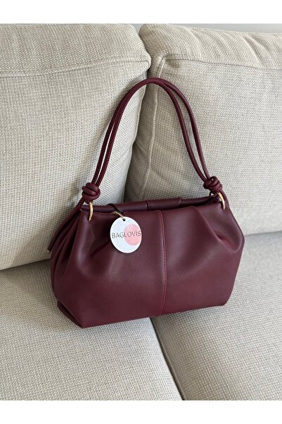 BAGLOVİS Askisi Knot Detail Medium Size Burgundy Women's Shoulder Bag En35 Boy20