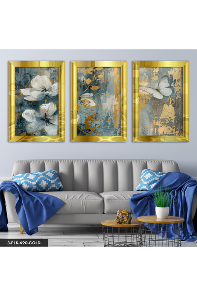 Evinemoda Pictură în ulei cu aspect de fluturi și flori, 3 piese, tablou din ...
