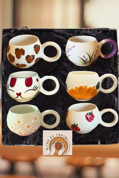 Janset طقم أكواب كوتاهيا مصنوعة يدويًا من 6 قطع - بأنماط متنوعة