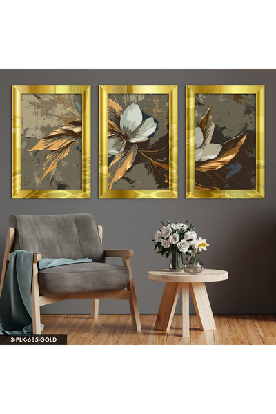 Evinemoda Yağlı Boya Görünümlü Gold Yapraklı Çiçek 3 Parça Gold Pleksi Aynalı...