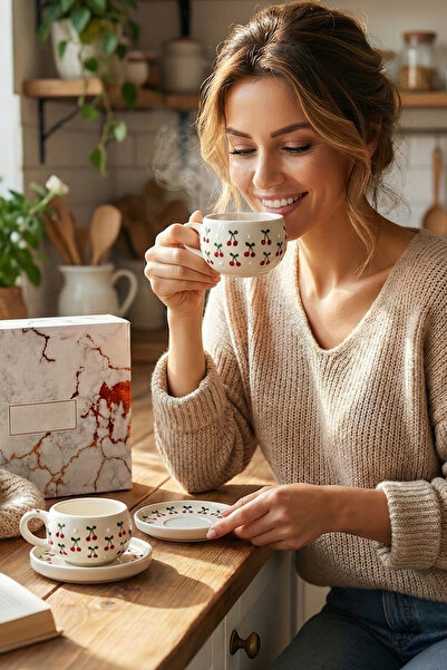 Janset Kütahya Handmade Mug with 2 Plates - Cherry Season