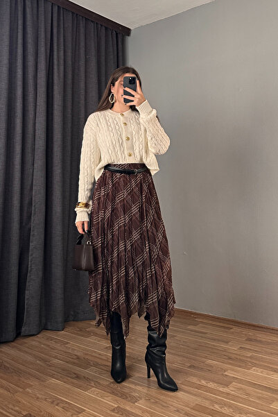 Sorridi Ekose Desenli Asimetrik Kesim Şifon Etek