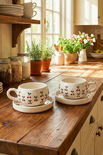 Janset Kütahya Handmade Mug with 2 Plates - Cherry Season