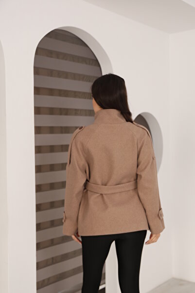 Leo Ferre Women's Kırem Kaşe Double-Breasted Collar Belted Coat. 1891.