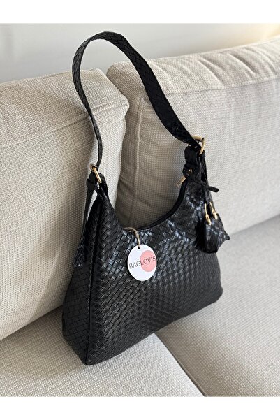 BAGLOVİS Black Knitted Women's Shoulder Bag with Hook and Clasp Detail and Small Wallet En34 Boy22