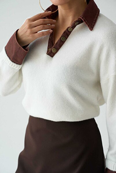 LİNDALİNA TEKSTİL Women's Regular Half Zipper Collar and Sleeve Denim Detailed Knitwear Sweater