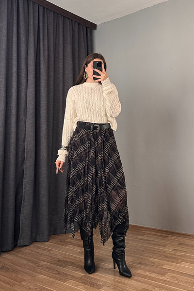 Sorridi Ekose Desenli Asimetrik Kesim Şifon Etek