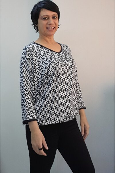 Mertcan Butik White Black Patterned V-Neck Batwing Three-Quarter Sleeve Skirt Cuff Combed Viscose T-Shirt