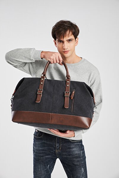 Hüvendo Cactive Kanvas Su Geçirmez Kumaş Uzun Askılı Unisex El Valizi ve Seyahat Çantası Siyah