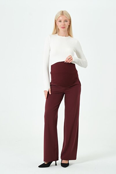 BUSA Maternity Stretchy Waistband Adjustable Wide Leg Gabardine Trousers Bordo