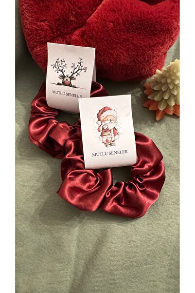 unique-g fashion accesories Kırmızı/Bordo Yılbaşı Temalı 10 Adet Saten Scrunchie Saç Tokası