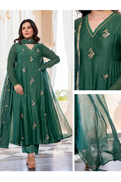 MYSMAR Green Cotton Salwaar Kameez Dupatta - ALV2000 | Green