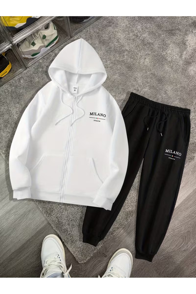 ANUSHKA Unisex Milano Printed 3 Thread Ş Fleece-Lined K Hooded Tracksuit Set